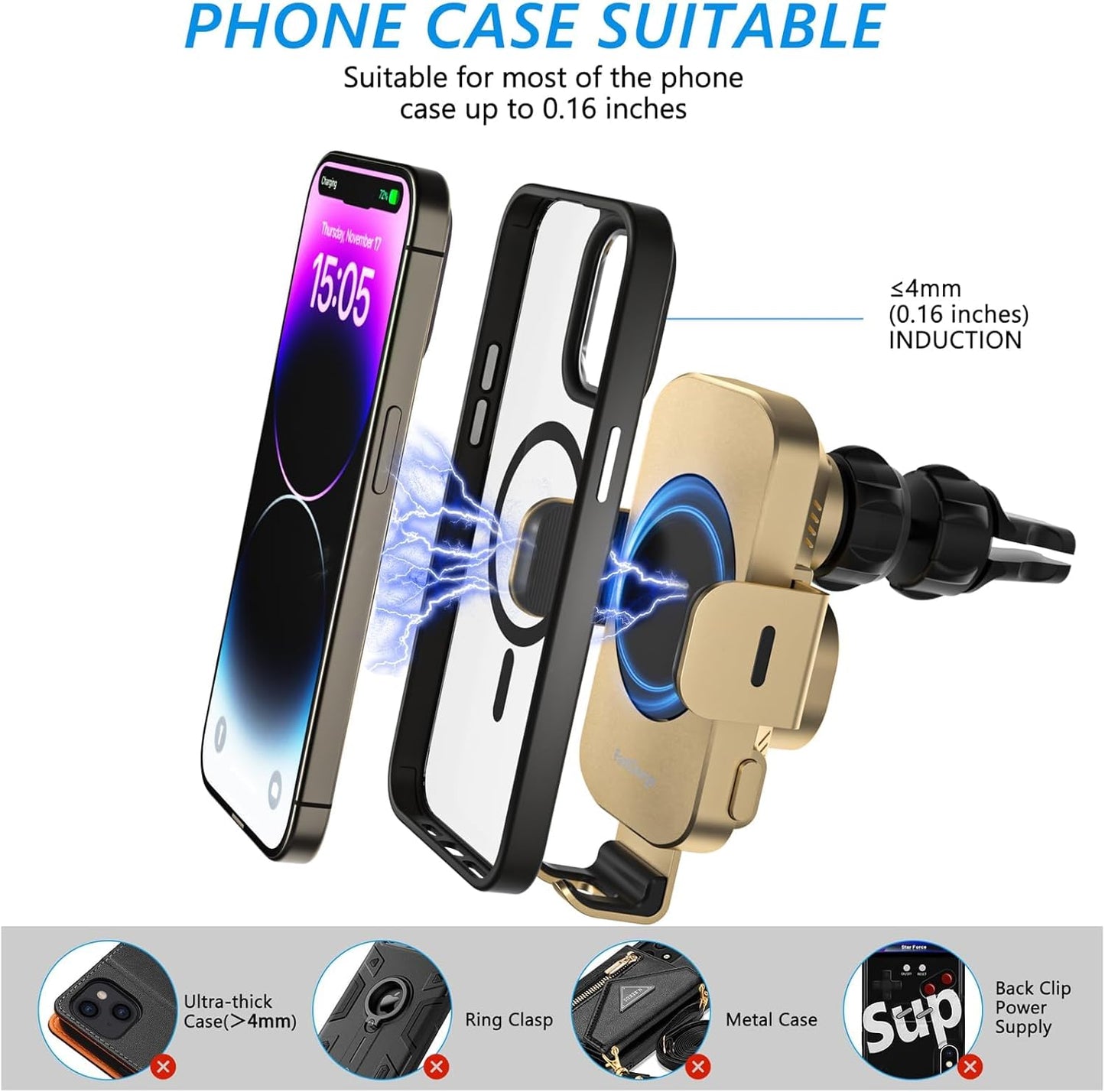 Wireless Car Charger, Fast Charging 15W Auto Clamping Car Charger Phone Holder Phone Mount for iPhone16 15 14 13 12 11 Pro Max Xs, Samsung Galaxy S24 Ultra S23 S22 S21 S20 S10+ Note 9, etc