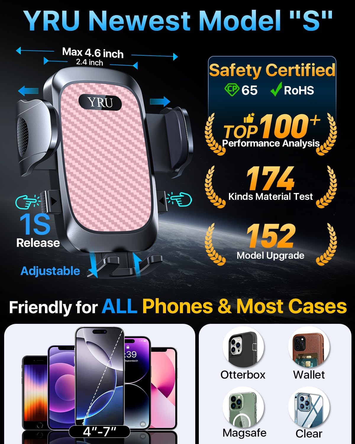 YRU [2025 Ultimate Car Phone Holder [Bendable & Adjustable Aluminum Arm] Cell Phone Automobile Cradles Dashboard Windshield Pickup Truck Phone Mount for iPhone 16 15 14 13 Pro Max Samsung, Pink