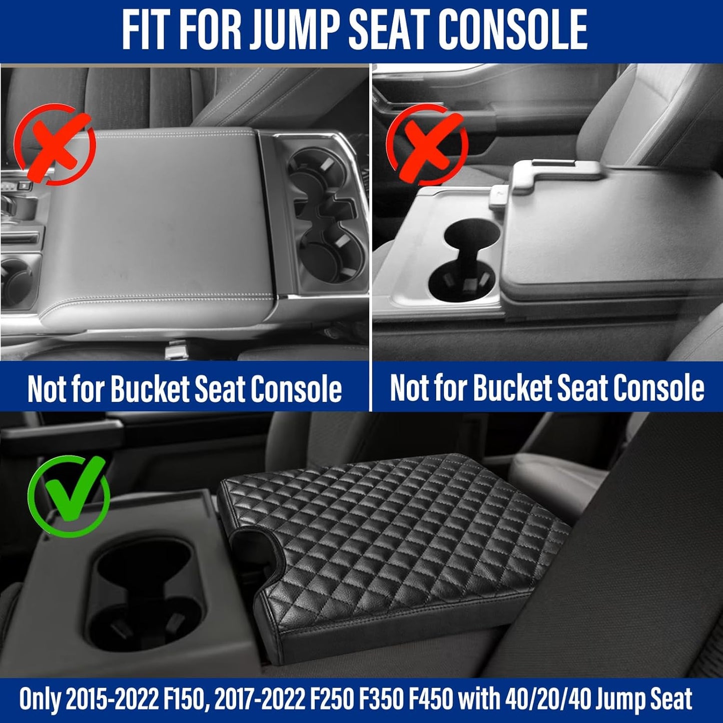 Center Console Cover for Ford F150 2015-2022, F250 F350 F450 F550 2017-2022, PU Leather Car Interior Accessories, Armrest Cover Middle Console Box Lid Protector Pad (40/20/40 Jump Seat Only), Black