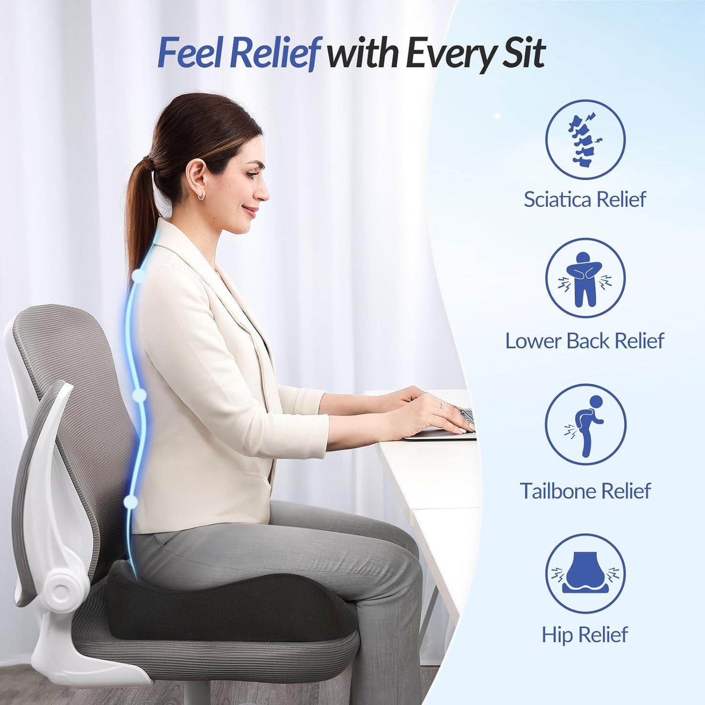 ZIKEE Pioneering Seat Cushion for Pressure Relief, Ergonomic Office Chair Cushion for Sciatica, Back, Hemorrhoids & Tailbone Pain Relief, High-Density Memory Foam Car Seat Cushion with Anti-Slip Base