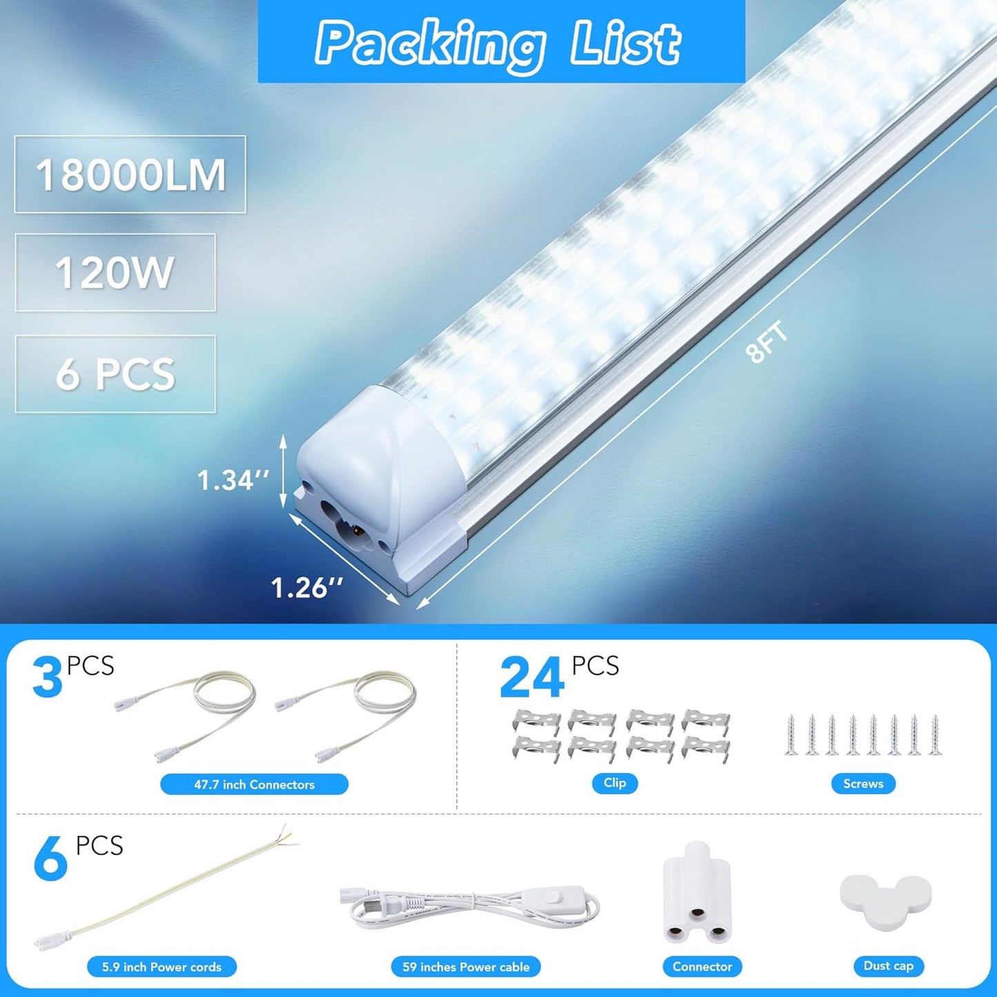6 Pack 8FT T8 LED Shop Lights, 120W Integrated Tube Light, 19200LM 6000-6500K Daylight, Linkable Lighting, Plug & Play Energy-Saving Commercial Bay Lighting for Garage Warehouse Basement (V8)