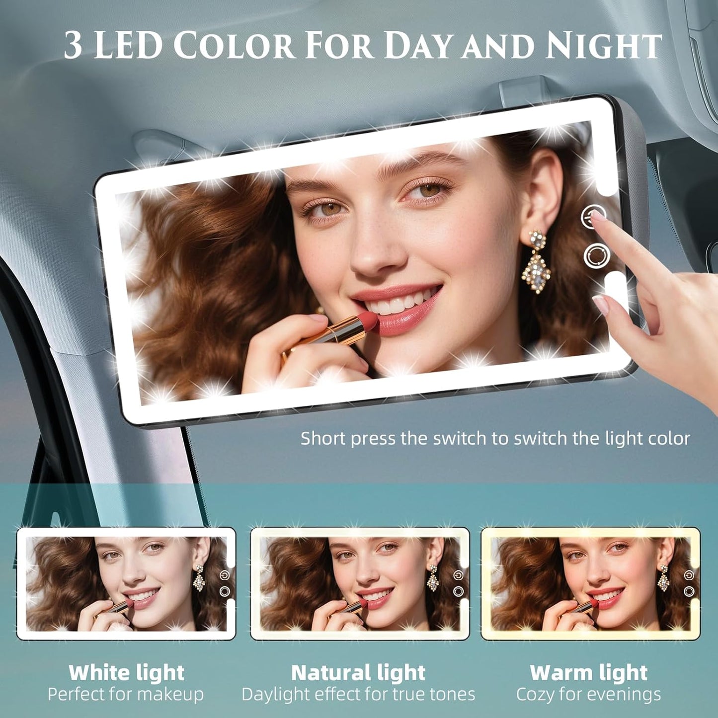 Car Sun Visor Vanity Mirror,Rechargeable Led Dimmable Makeup Mirror,With 10x and 30x magnification,3 Light Modes