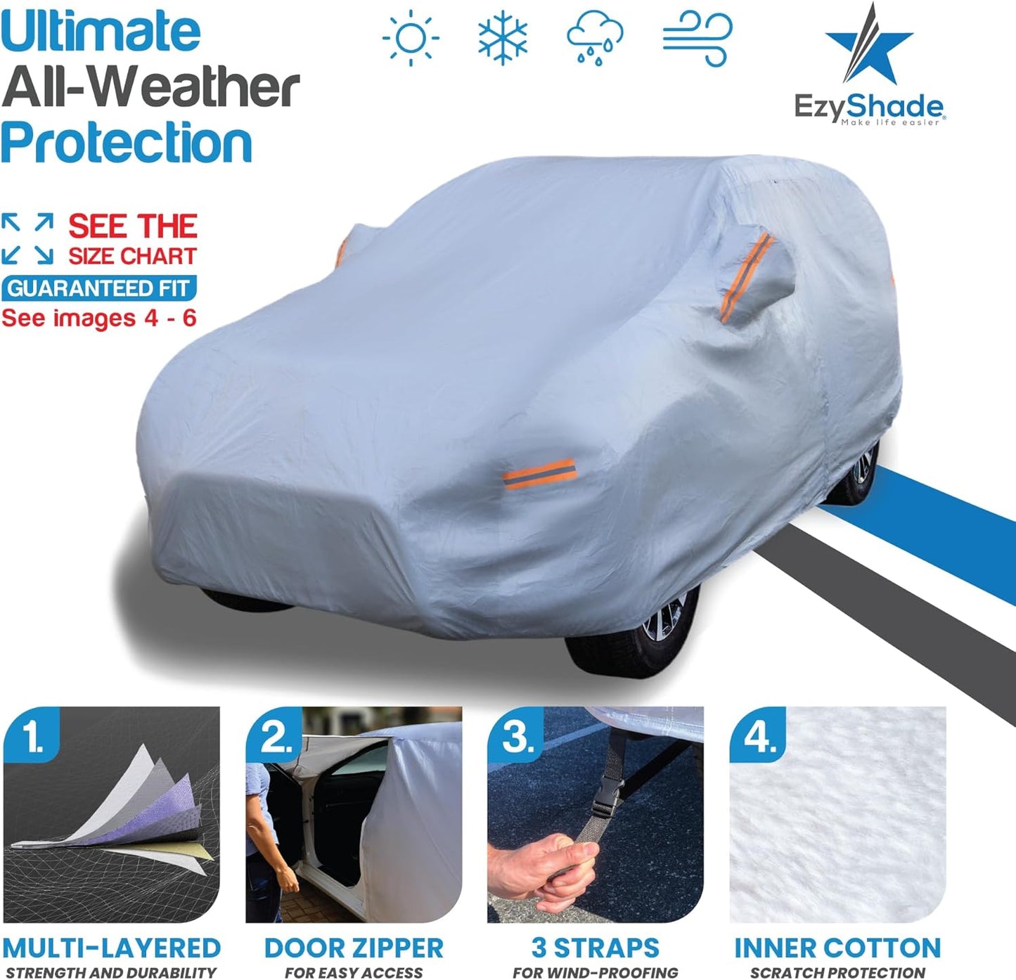 EzyShade 10-Layer SUV Car Cover Waterproof All Weather. See Vehicle Size-Chart for Accurate Fit. Outdoor Full Exterior Covers for Automobiles Heavy Duty Tarp Jeep Rav4 CRV. Size S5 (See SizeChart)