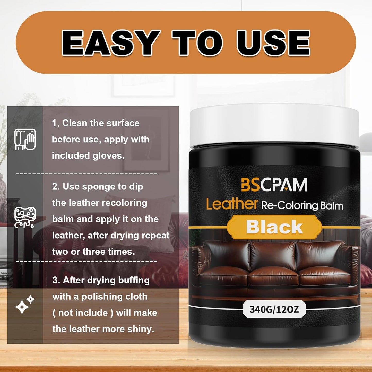 Black Leather Recoloring Balm, 12oz Leather Color Restorer for Couches, Leather Repair Kit for Furniture, Leather Dye for Leather Fade, Leather Repair Restore car seat