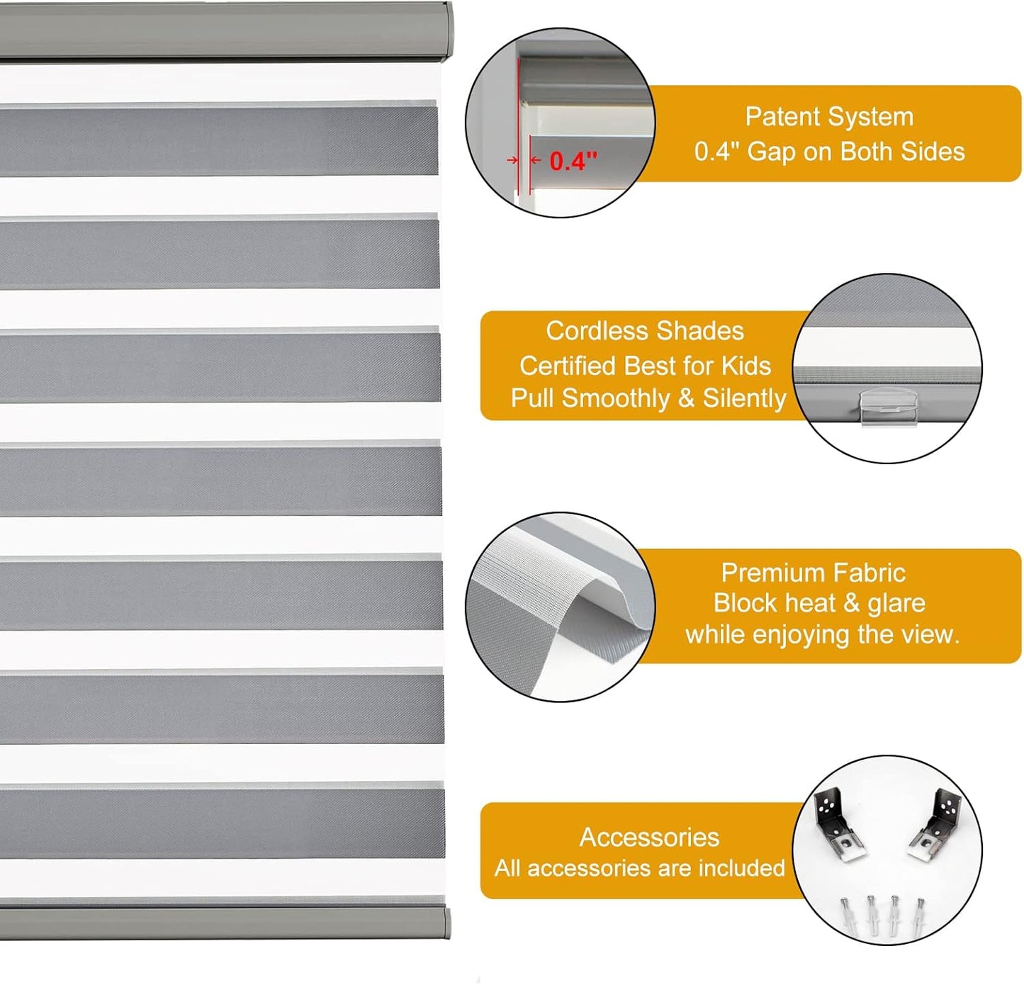 Persilux Cordless Zebra Blinds for Windows (46" W X 64" H, Grey) Free-Stop Windows Shades Dual Layer Light Control for Day and Night, Light Filtering Sheer Shades for Home, Easy to Install