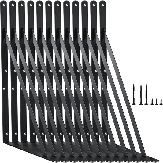 12 Pack L14 x H 10" Black Heavy Duty Shelf Brackets with Screws Metal Shelf Brackets Shelf Support Angle Brackets for Shelves L Brackets Heavy Duty Floating Shelf