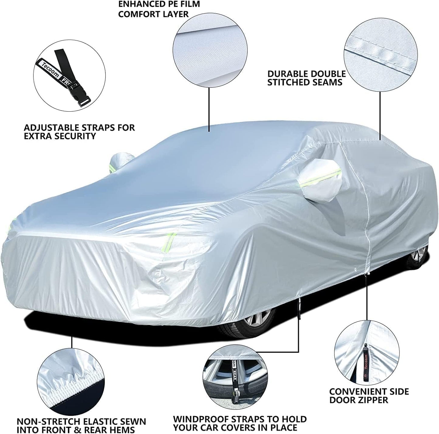 Tecoom Waterproof Sedan Car Cover Oxford W/Door Zipper, All Weather Car Cover for Automobiles, UV-Proof Windproof Hail Sun Snow Protection Indoor Outdoor Full Exterior Covers Fit 201-210 Inches