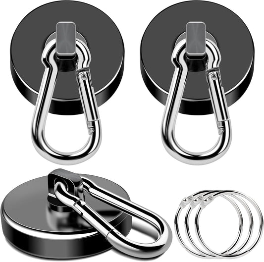 MIKEDE Magnetic Hooks, 150LB Neodymium Magnets Heavy Duty with Swivel Carabiner Hooks, Strong Rare Earth Magnetic Hook Hanger, Black Magnets with Hooks for Garage, Kitchen, Cruise Cabin - 3 Pack