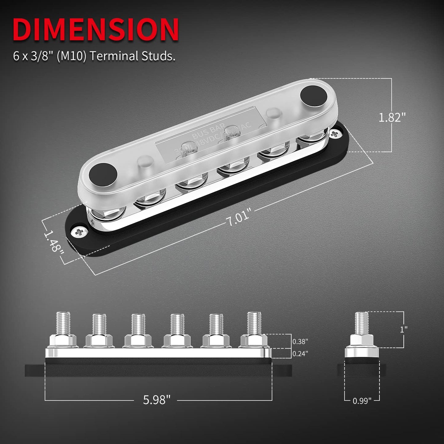 DaierTek 300A Bus Bar 12V Marine 12V Power Distribution Block with Cover 6 x 3/8" (M10) Terminal Studs Max 300V AC 48V DC Positive & Ground Busbar for Automotive Car Boat