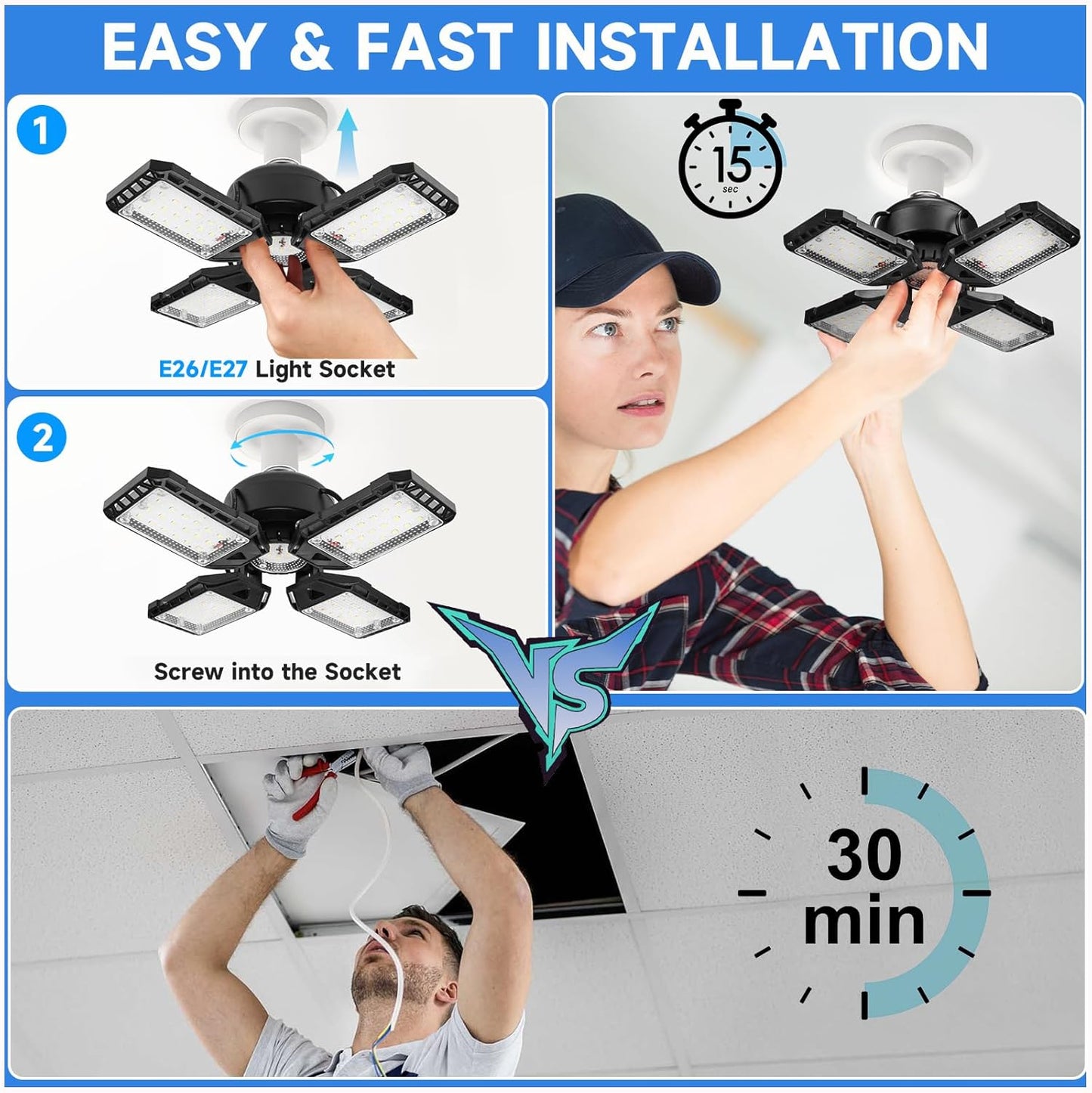 LED Garage Lights Bulb 2 Pack - 120W, 12000LM 6500K Led Shop Light with 4+1 Deformable Panels, Basement Barn Light, E26/E27 for Warehouse, Shop