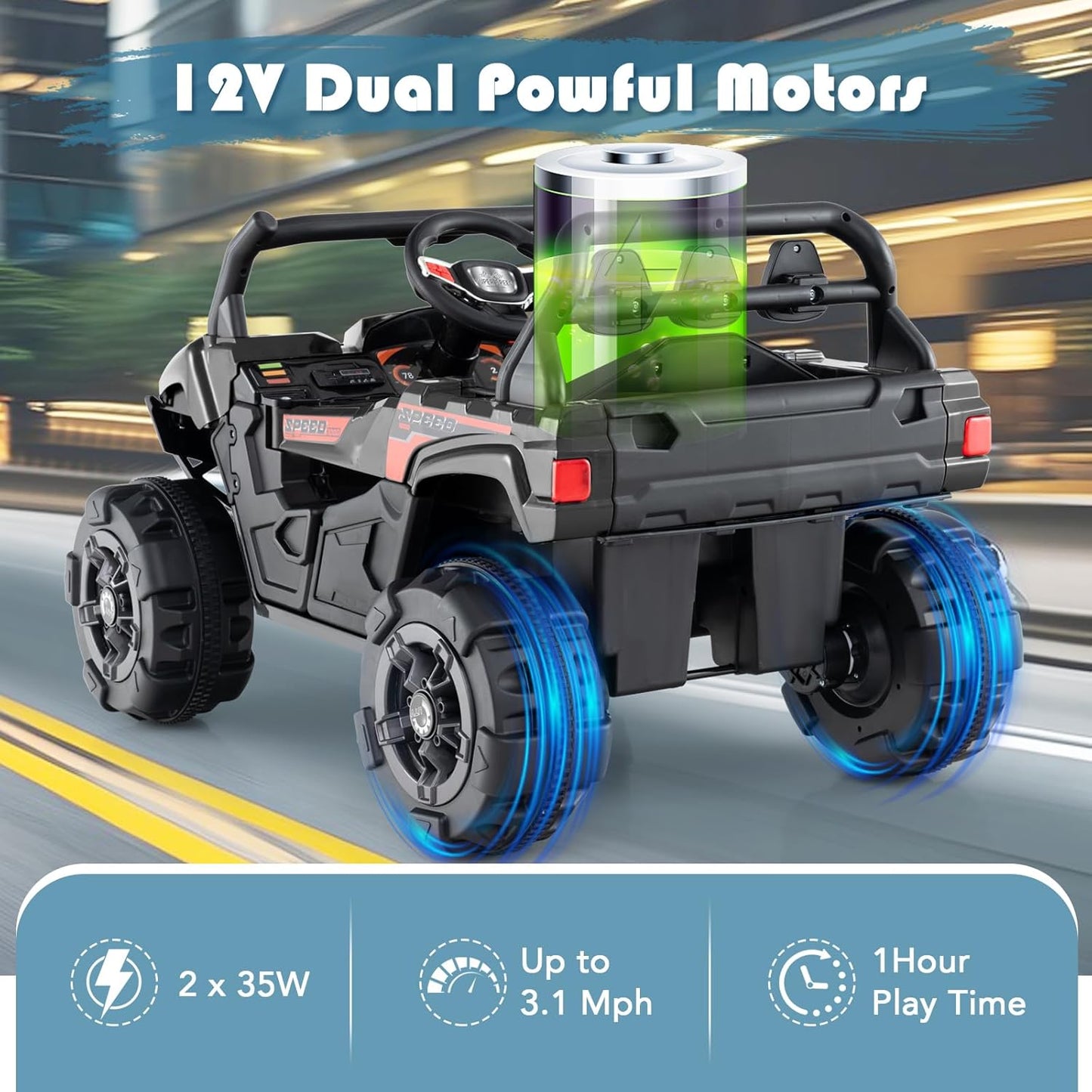 OLAKIDS 12V Ride on Car UTV, Battery Powered Off-Road Kids Electric Vehicles with Remote Control, Music, Horn, MP3, Lights, 3 Speeds, Soft Start, Ride on Truck for Boys Girls (Black)