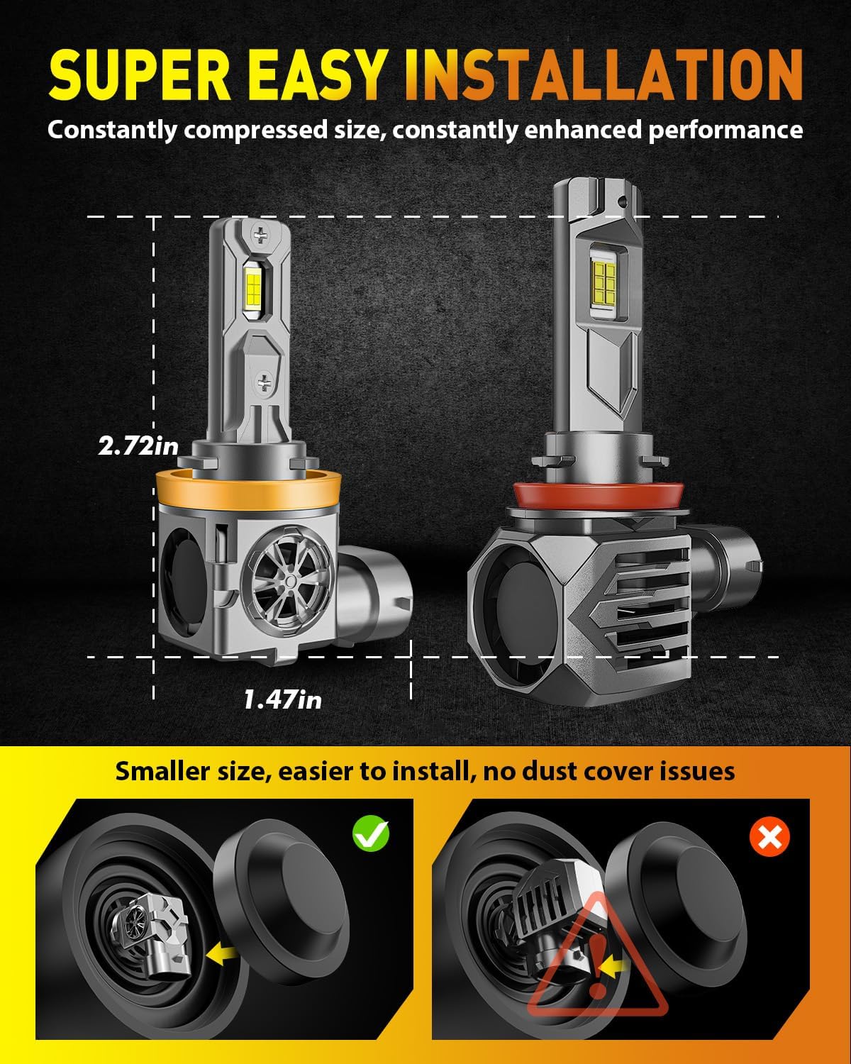 9005/HB3 H11/H8/H9 LED Bulbs Combo, 120,000LM Insane Brightness, Real 1:1 Mini Size, 6500K White 70,000Hrs Long Service Life with Cooling Fans, Plug N Play, Pack of 4
