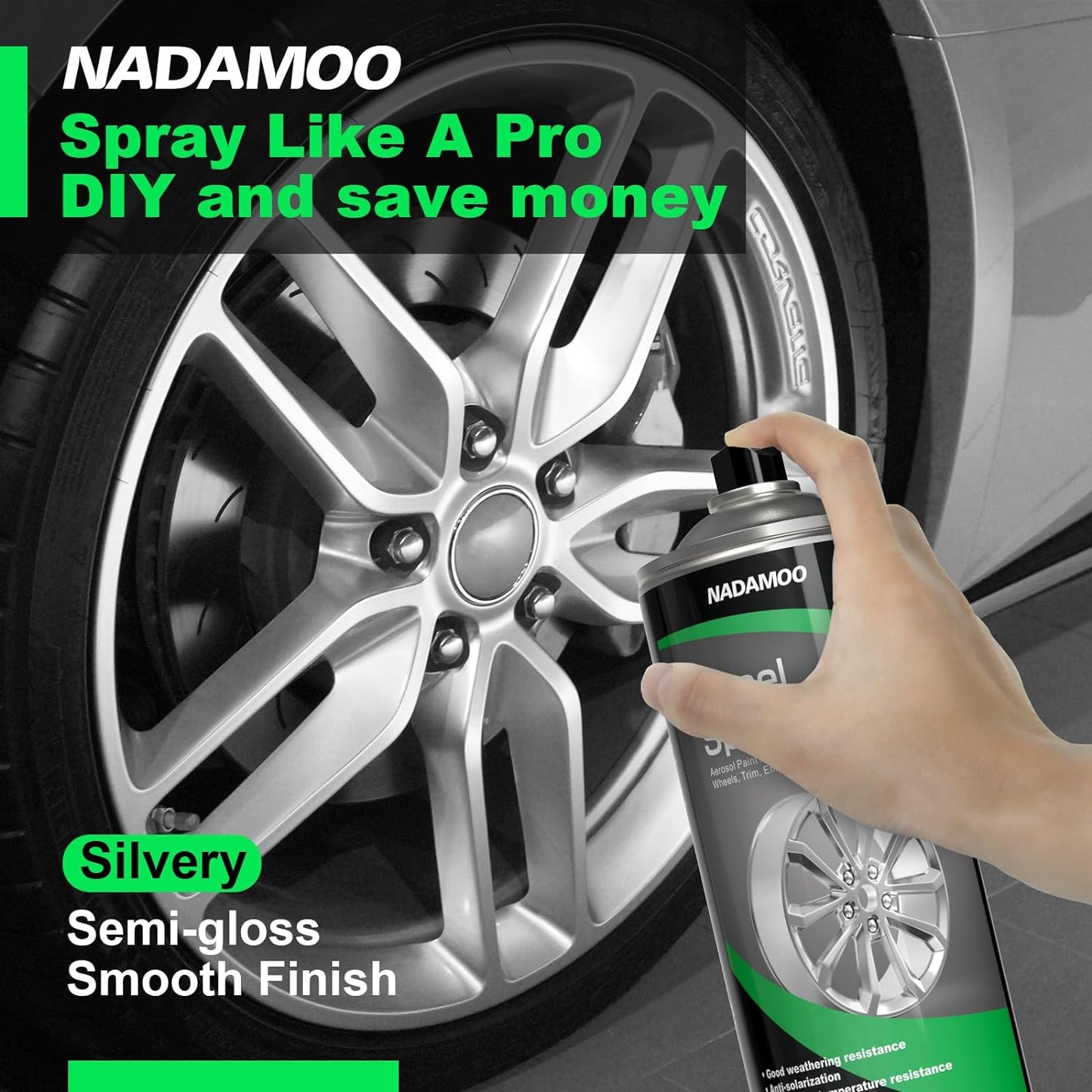 NADAMOO Aluminum Wheel Spray Paint, Semi-gloss Aerosol Car Rim Paint for Recolor and Protection of Metal Surface, Silvery, 2 Cans, 13 Oz Per Can