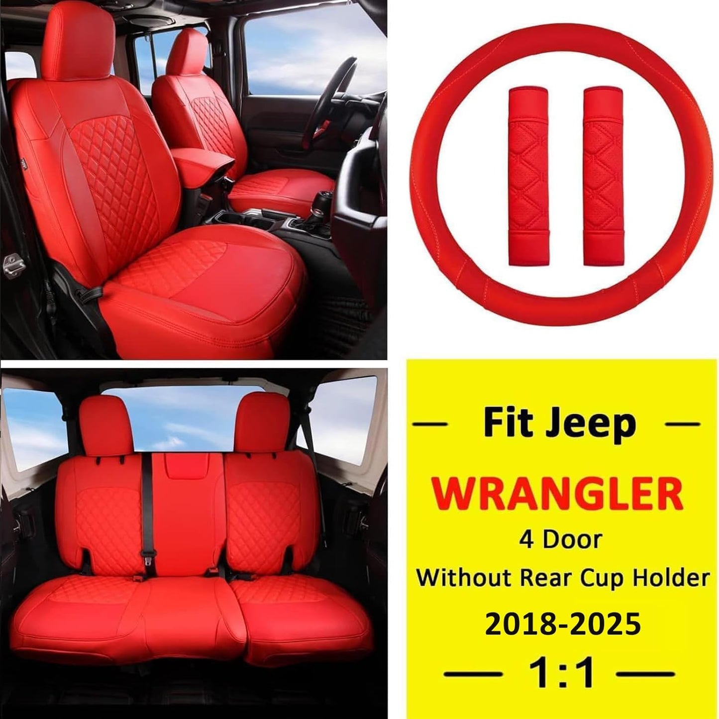 GIANT PANDA Customized Full Set Car Seat Covers for Jeep Wrangler 4 Door JL Sahara Sport Rubicon Unlimited Willys 2018 2019 2020 2021 2022 2023 2024 2025 Without Rear Cup Holder,Faux Leather - (Red)