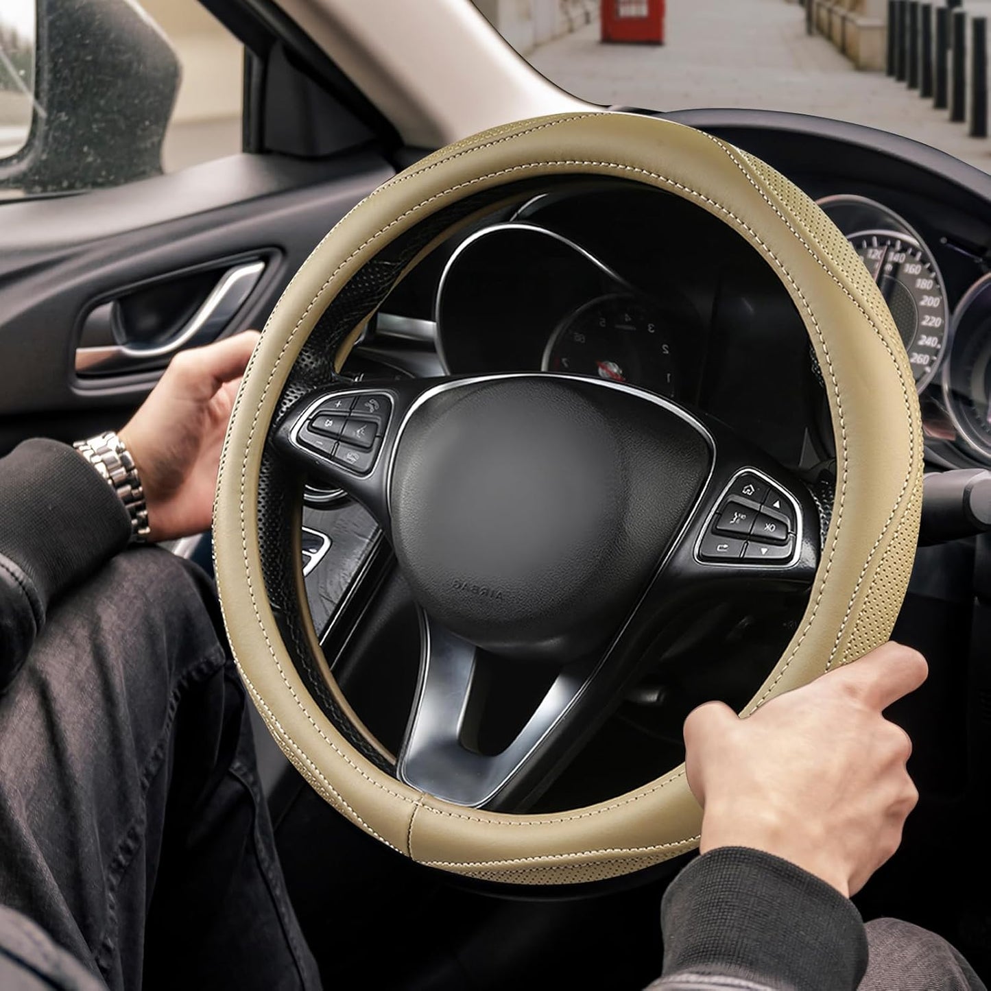 High-Grade Beige Genuine Leather Steering Wheel Cover for Men Women，Real Cowhide Leather Steering Wheel Cover for Cars,Universal 14.5-15 inch Steering Wheels