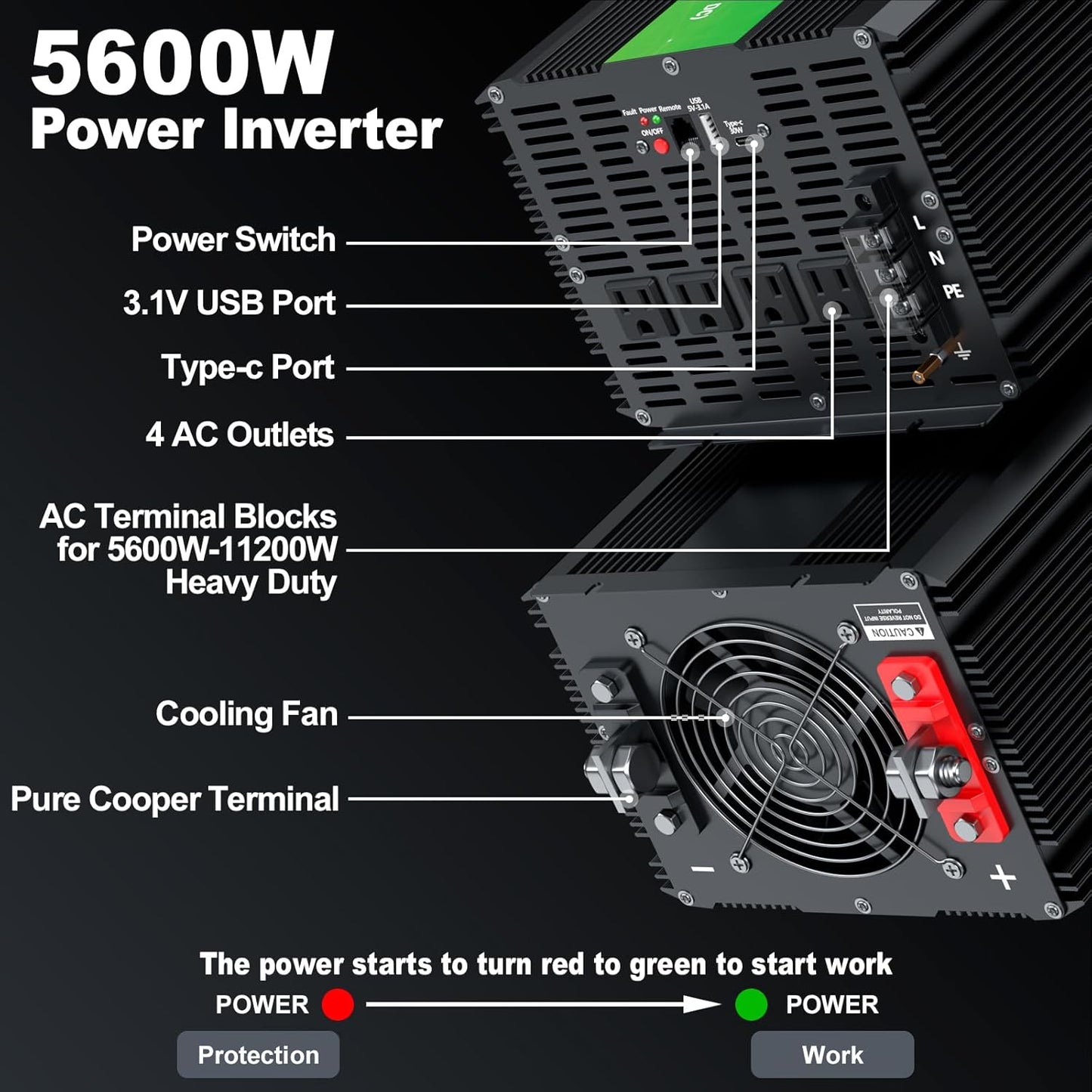 5600W Power Inverter,Peak Power 11200W 12V DC to AC 110120V,Remote Control with 4AC Outlets and3.1USB Port,LCDDisplay for Outdoor Activities,Emergency