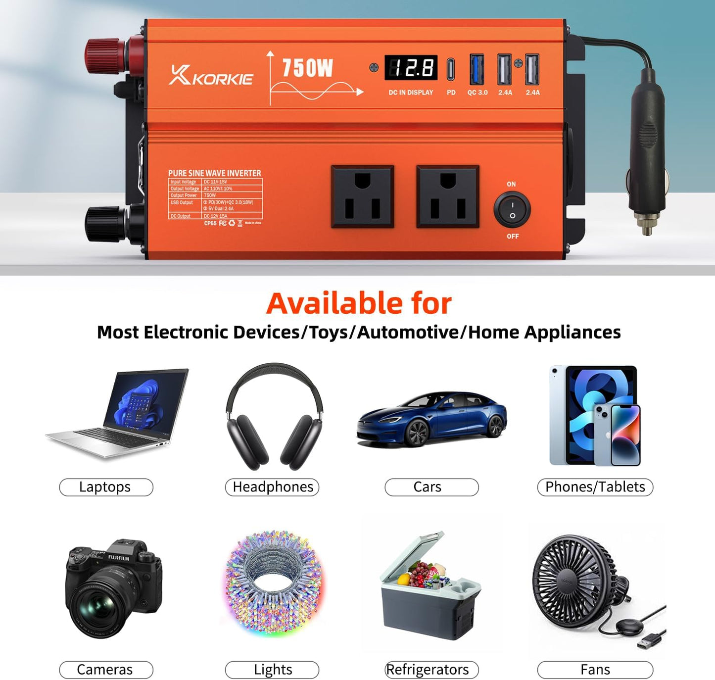 750W Pure Sine Wave Inverter, Car Power Inverter, 12V DC to 110V AC Power Converter, Emergency Power Inverter with Type-C, Dual 5.2V/2.4A USB, 3AC Outlets for Home,Camping, RV, Truck, Vehicles