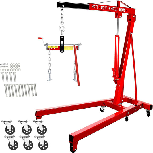 Engine Lift with Load Leveler,2T Heavy Duty Alloy Steel Folding Cherry Picker Engine Lift,Cherry Picker Workshop Crane,8Ton Hydraulic Engine Lift,Engine Lift for Workshop Warehouse Garage (Red)