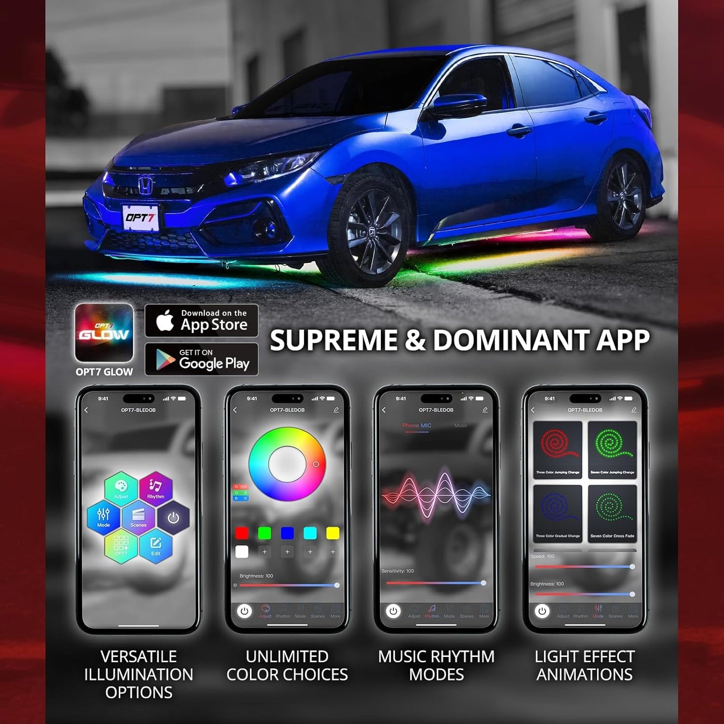 OPT7 Aura DreamColor Underglow Chasing Light Kit with APP & Remote Control, 4 PCS Flexible RGBIC LED Light Strips, Exterior Neon Accent Underbody Lights for Car Truck RV, Multi Colors Music Mode, 12V
