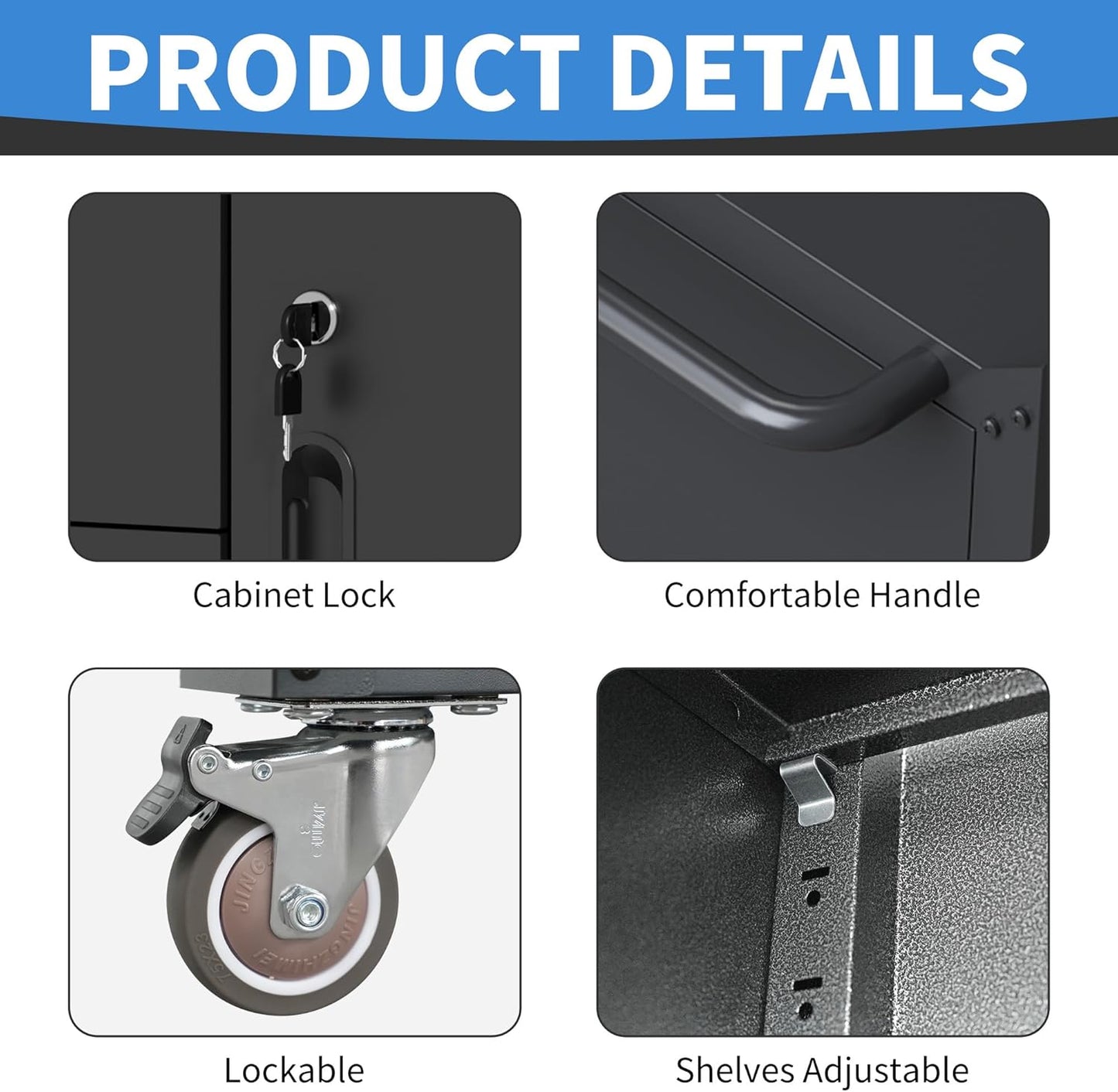 Metal Storage Cabinet with Wheels, Garage Cabinet with 1 Door and 4 Drawers, Rolling Tool Storage, Assembly Required, Black