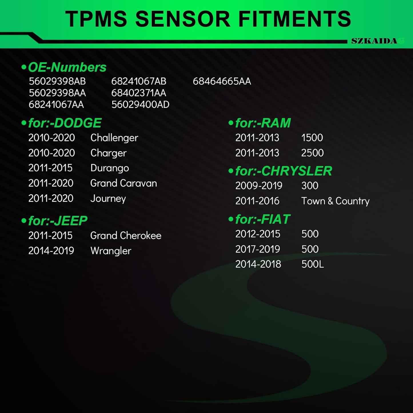 433MHz TPMS Sensors Pre-Programmed for:-Dodge Durango 2011-2015 Charger Challenger for:-Jeep Wrangler 2014-2019 Grand Cherokee for:-Ram 1500 2500 for:-Chrysler 300 OE#56029398AB