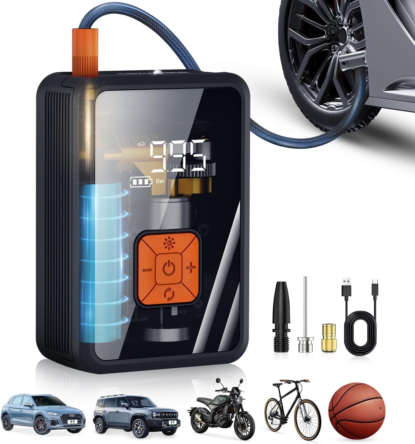 Portable Air Pump for Car Tires, 150 PSI Tire Inflator Cordless with LED Light, Rechargeable Auto Shut-off Air Compressor 2X Fast Inflation Tire Pumps for Car Bike Motorcycle Ball