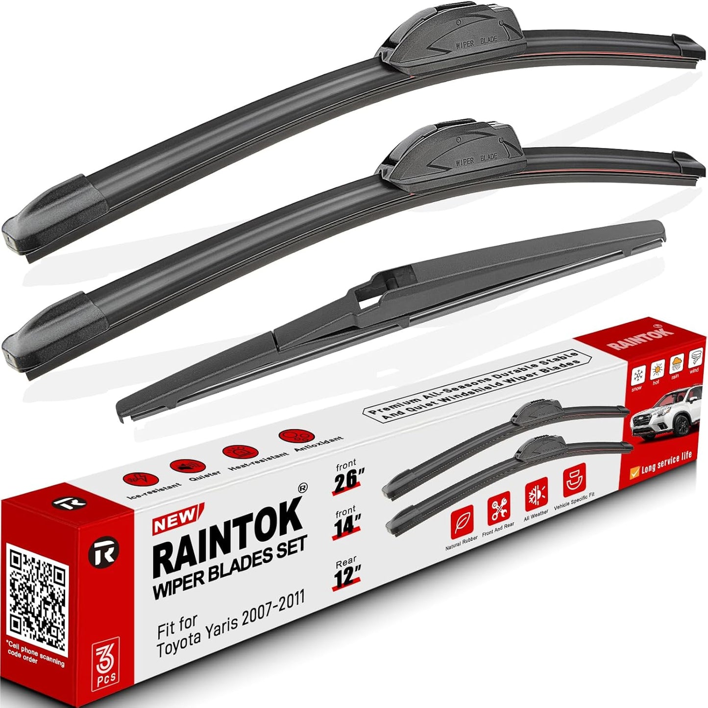 Windshield Wiper Blades Replacement for Toyota Yaris 2007 2008 2009 2010 2011 Original Factory Quality Front Rear Wipers Blade Set for My Car - 26" 14" 12" (Pack of 3)