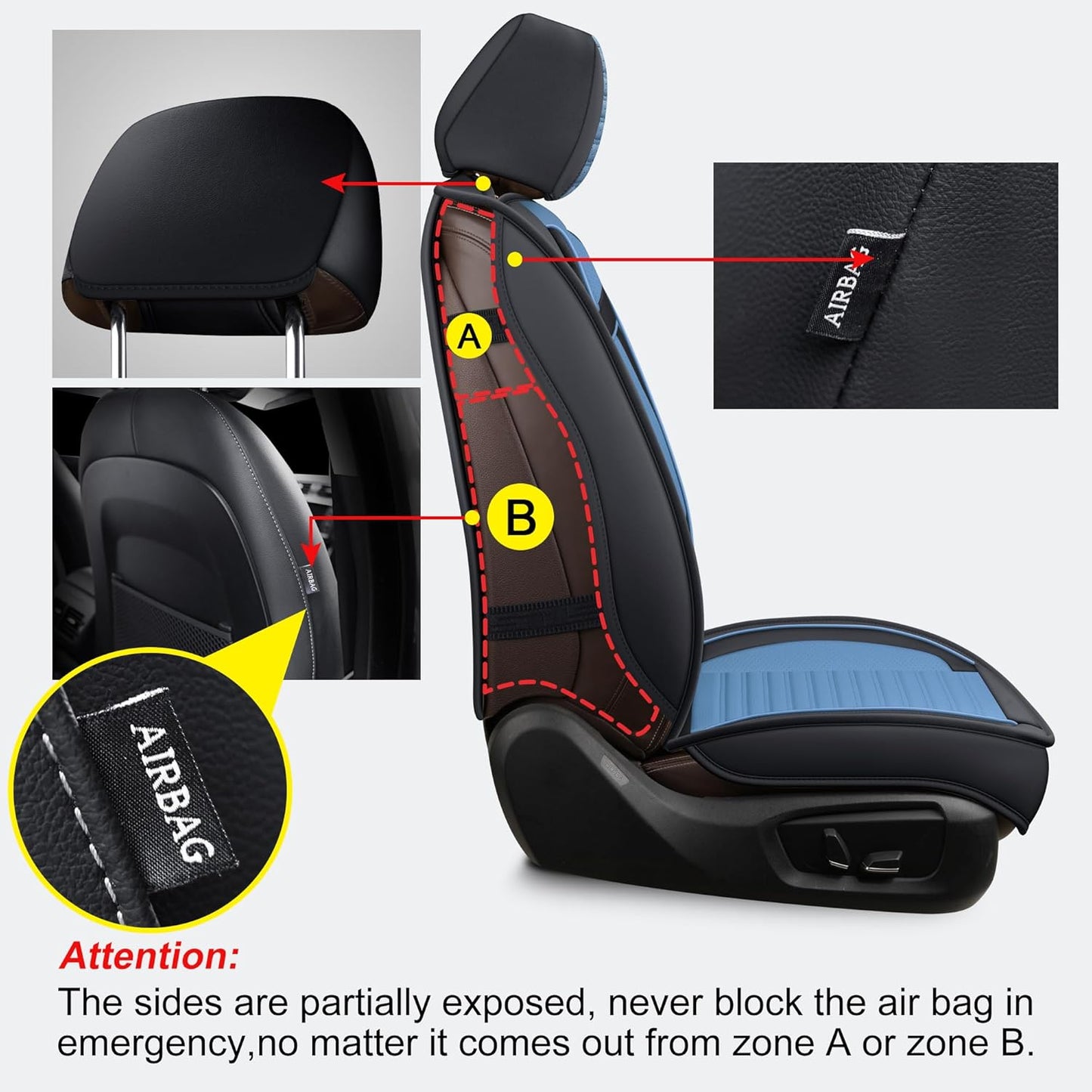 LINGVIDO Car Seat Covers, Breathable and Waterproof Faux Leather Automotive Seat Covers for Cars SUV Truck Sedan,Universal Anti-Slip Seat Cover with Backrest (Front Seat, Light Blue & Black)