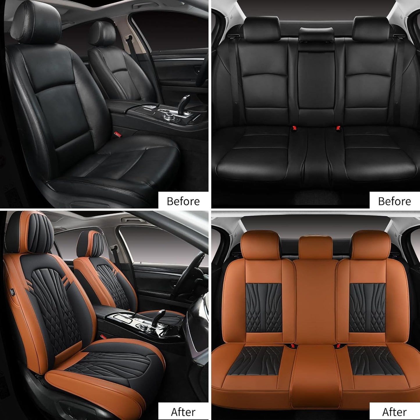 Leather Car Seat Covers,Car Seat Protector Waterproof,Seat Covers Full Set, Car Seat Protectors 5 Seats,Automotive Seat Covers Fit Most Cars Black&Brown