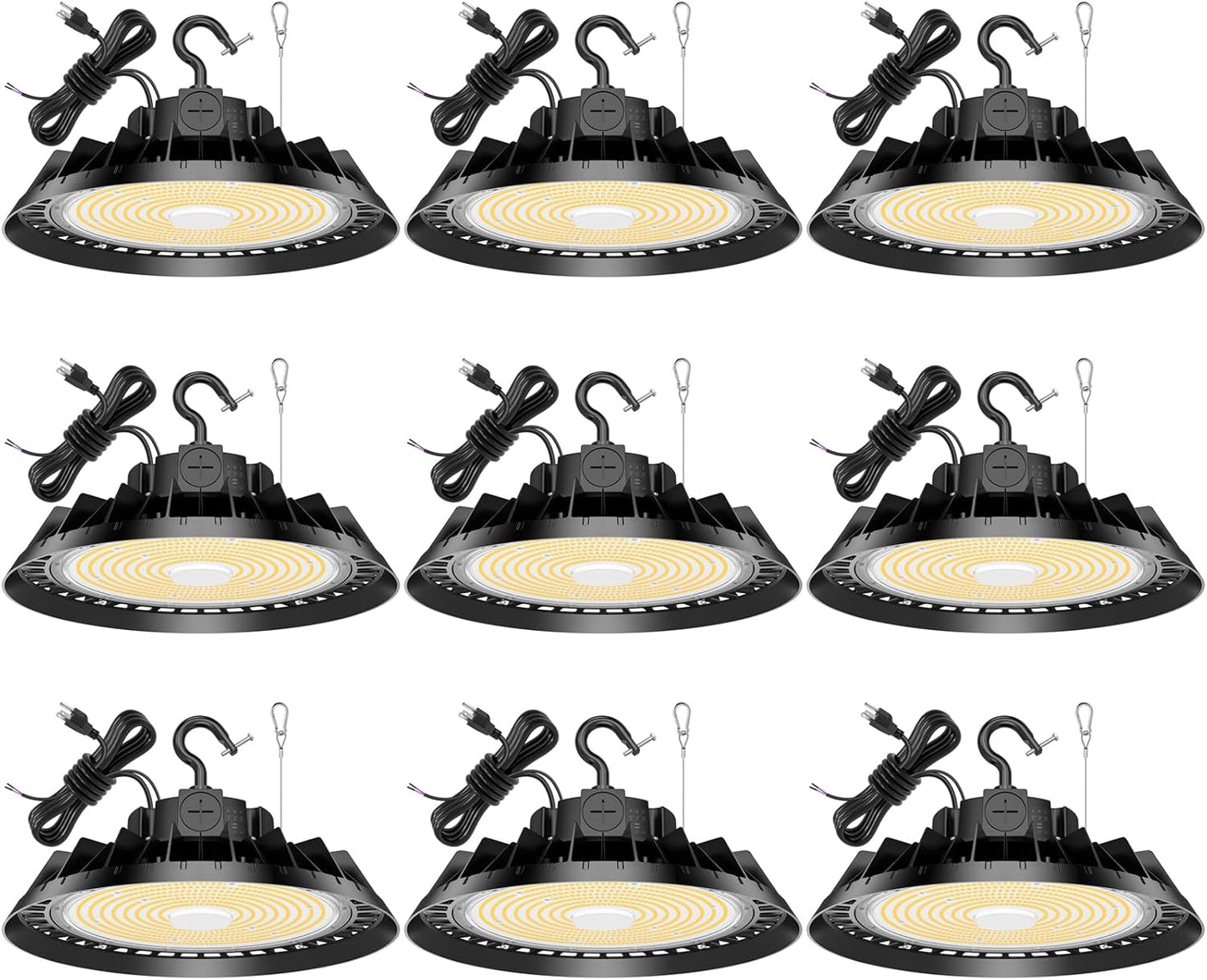 9Pack LED High Bay Lights, 240W UFO High Bay LED Shop Lights, 36000LM Adjustable CCT(5700K 5000K 4500K) & Power(240W 200W 150W), 0-10V Dimmable, 5' Cable Plug, IP65 Waterproof, ETL & DLC Listed