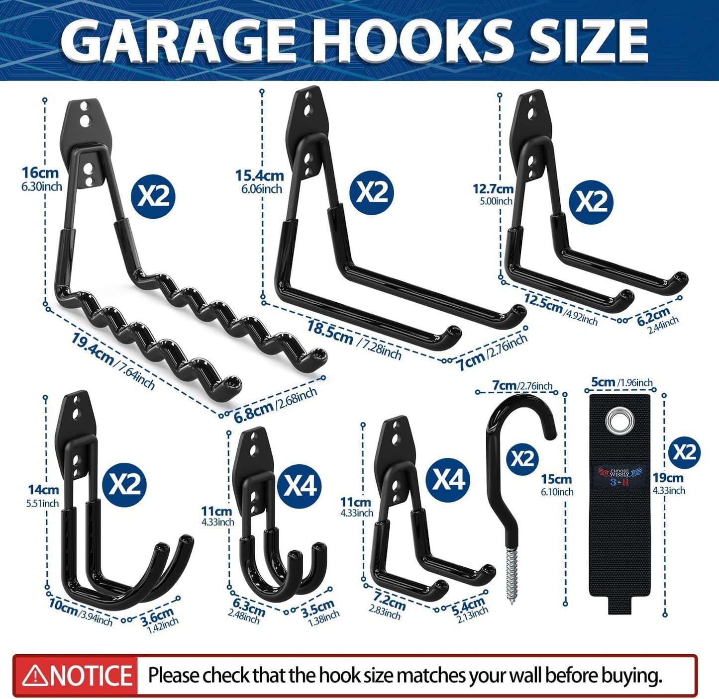 3-H Garage Wall Hooks 34 Pack, Garage Hooks Heavy Duty with Extra Welding Spots, Wall Mount Storage Organizer for Hanging Garden Lawn Tools, Ladder, Bike, WeedEater, Chair, Shovel, Blower (Black)