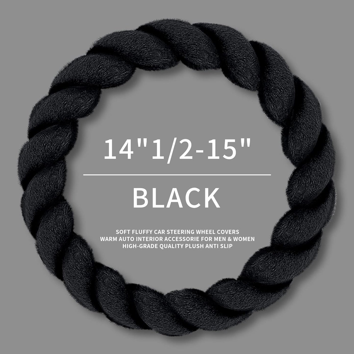 Luxury Fluffy Winter Car Steering Wheel Cover for Women Soft Warm Plush Cute Auto Accessories for Vehicle, Sedan, Universal, Fuzzy, Anti Slip, Black, Standard Size, 14.75-15.15"