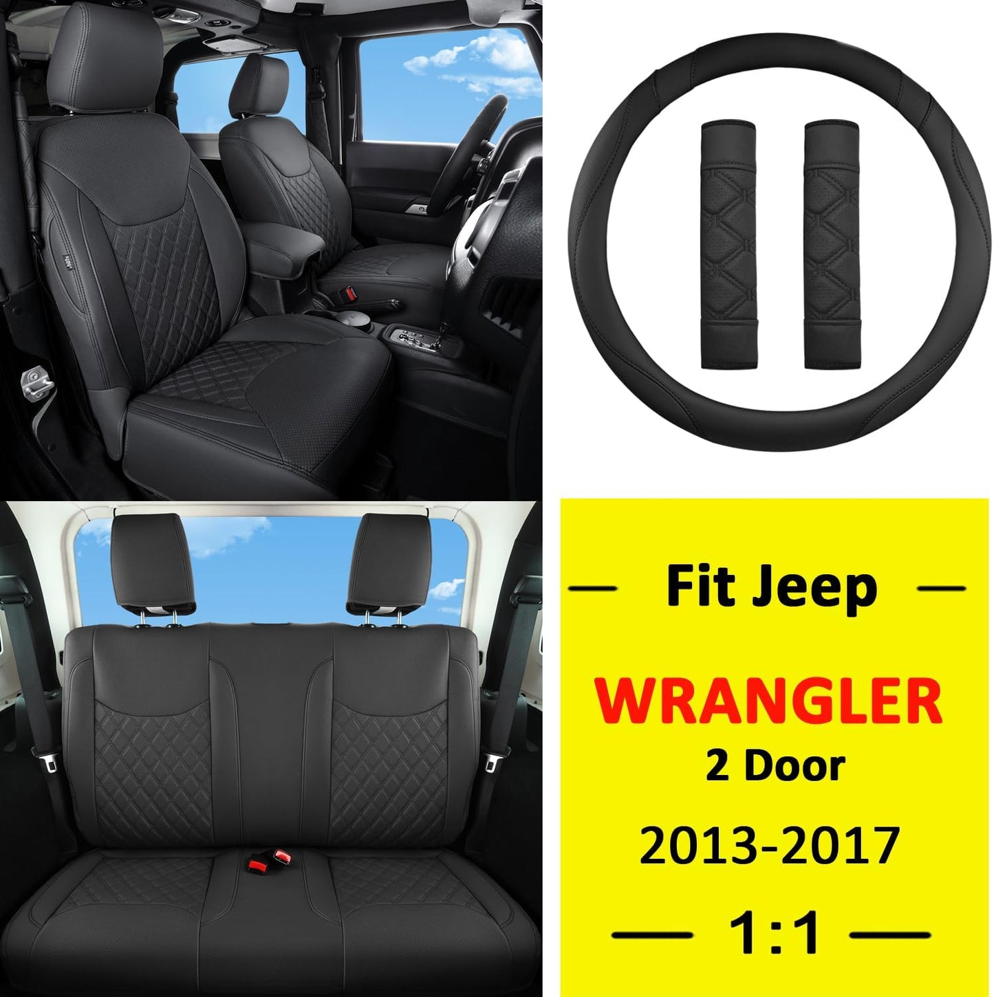 GIANT PANDA Customized Full Set Car Seat Covers for Jeep Wrangler 2 Door JK Sport Sahara Rubicon Freedom Willys Wheeler 2013 2014 2015 2016 2017, Faux Leather - (Black)