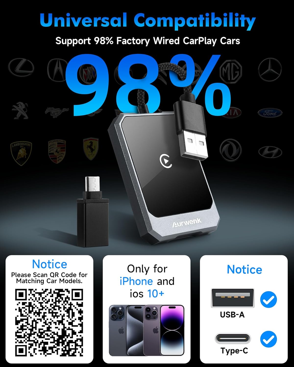 Wireless CarPlay Adapter for iPhone - Plug & Play Wired to Wireless Apple CarPlay Adapter, Fast Auto Connect, Stable & No Delay, Mini Wireless CarPlay Dongle for Cars from 2016 and iPhone iOS, Grey