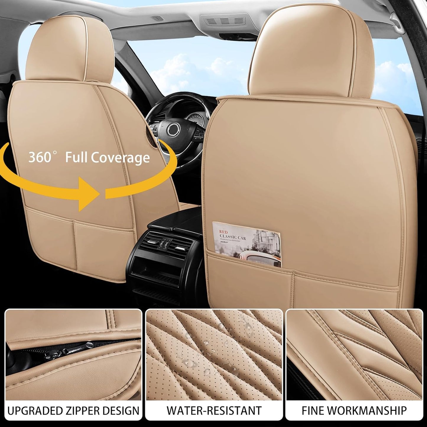 WELLDO Car Seat Covers Front Seats, Leather Seat Covers for Cars, Front Car Seat Protector Waterproof, Non-Slip Car Interior Covers Universal Automotive Seat Covers for Most Vehicle, Beige