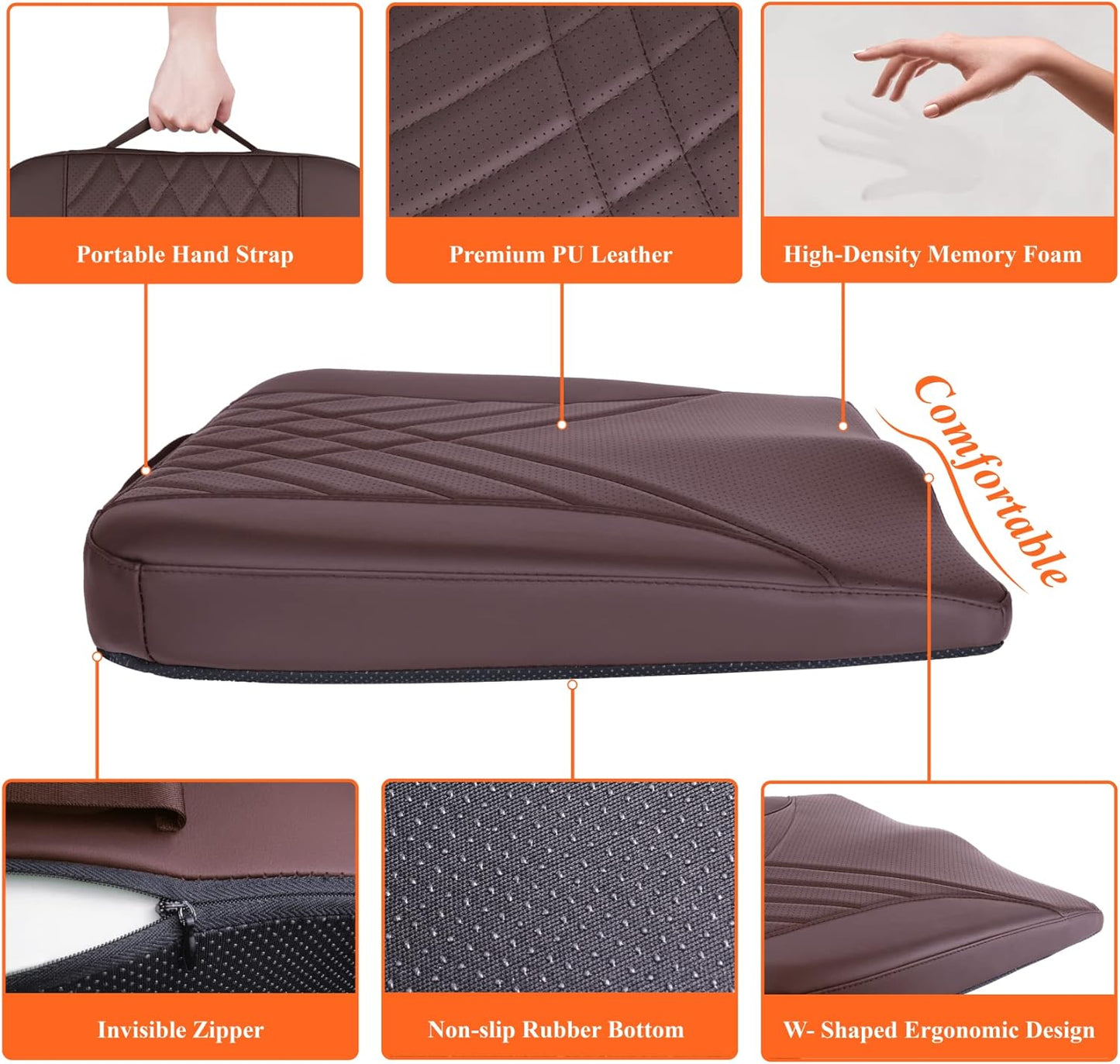 kingphenix Premium Car Seat Cushion, Memory Foam Driver Seat Cushion to Improve Driving View- Coccyx & Lower Back Pain Relief- Seat Cushion for Car, Truck, Office Chair (Brown)