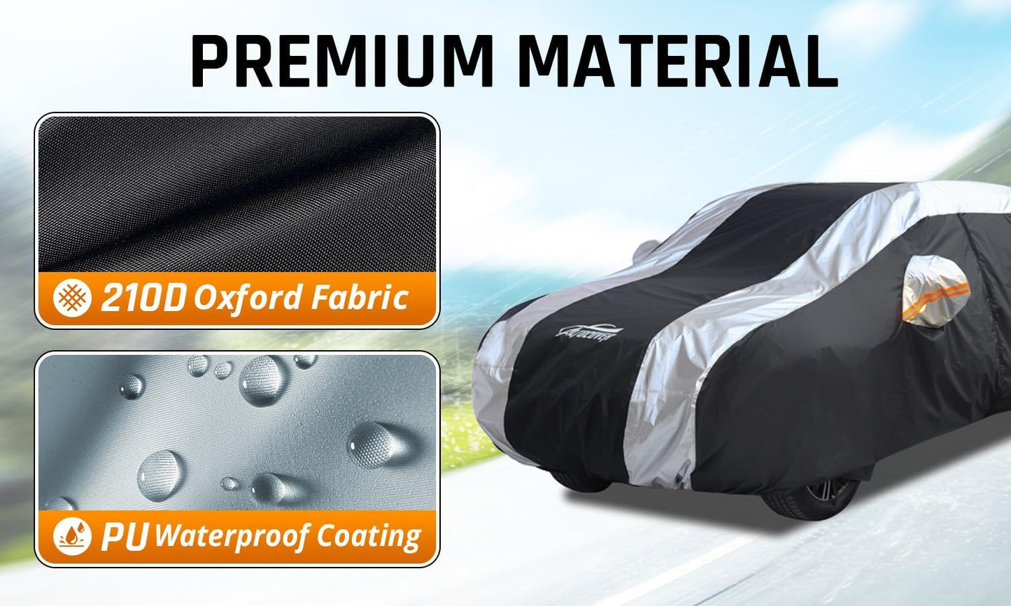 SUV Cover Waterproof All Weather Protection with Silver Stripe Design, Car Cover Universal Fit Ford Explorer, Toyota Highlander, Honda Pilot, Dodge Durango, BMW X5 X6, Lexus RX350