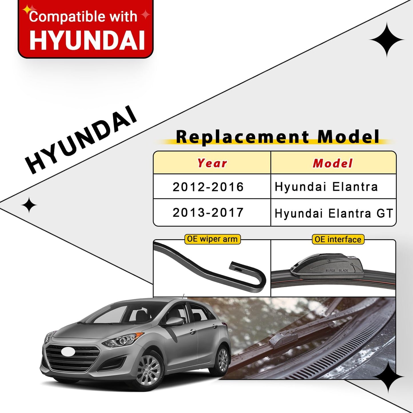 Windshield Wiper Blades Replacement for Hyundai Elantra 2012-2016 / Hyundai Elantra GT 2013-2017 Original Factory Quality Front Rear Wipers Blade Set for My Car - 28" 14" 13" (Pack of 3)