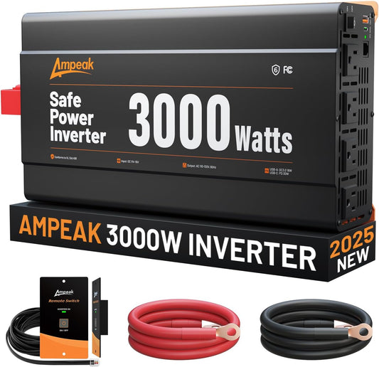 Ampeak 3000W Power Inverter, Inverter 12V to 110V Modified Sine Wave, High Conversion Efficiency 89%,USB Port 18W PD 30W, 4 AC Outlets Inverter for Camping