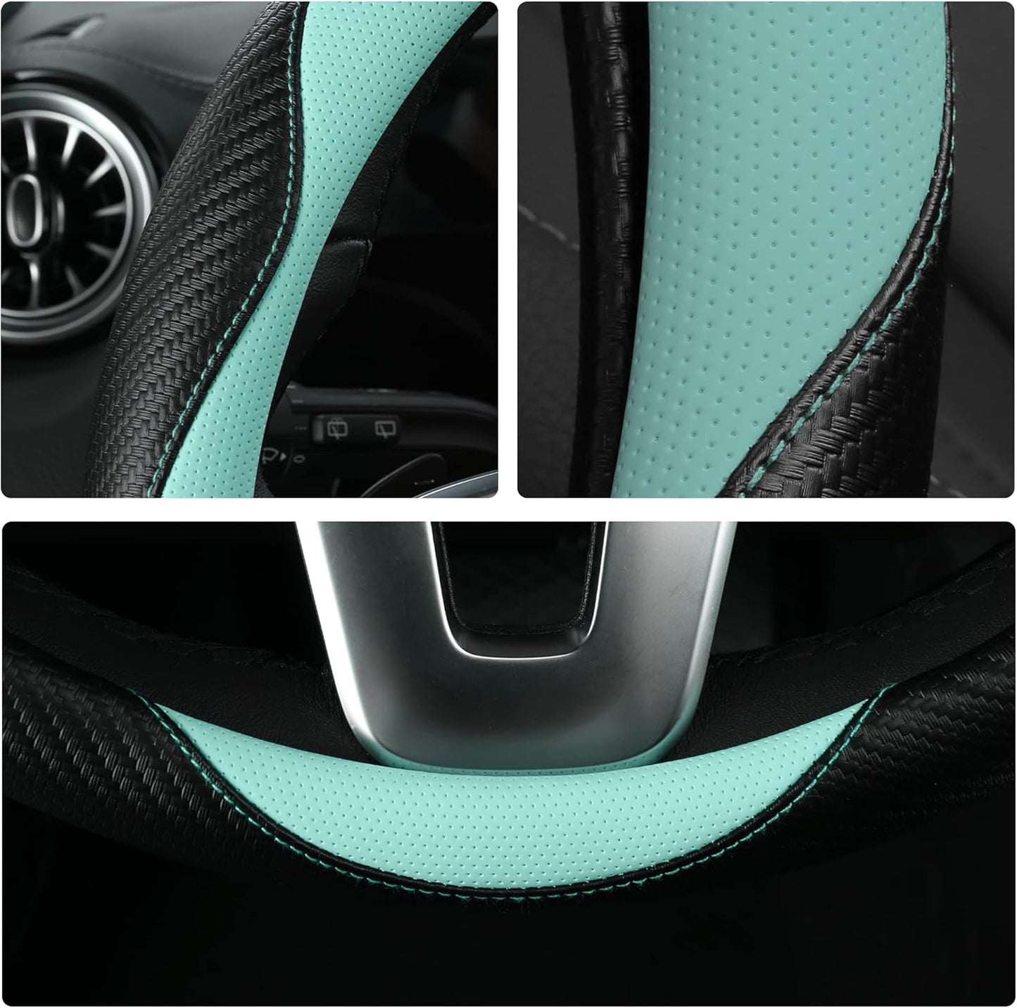 Car Steering Wheel Covers for Women Padded Carbon Fiber PU Leather Cute Auto Interior Accessories for Vehicle, Sedan, Universal, Anti Slip, Green, Standard Size 14.5-15"(37-38cm)