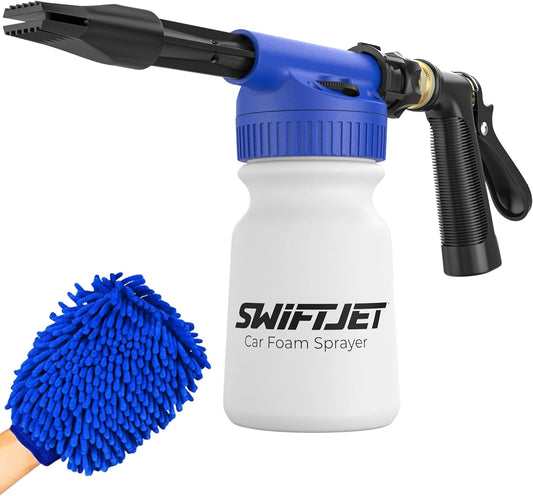 SwiftJet Car Wash Foam Gun + Microfiber Wash Mitt - Car Foam Sprayer - Car Wash Kit - Foam Cannon Garden Hose Sprayer - Car Accessories for Men - Snow Foam Blaster (Blue Foam Gun with Mitt)
