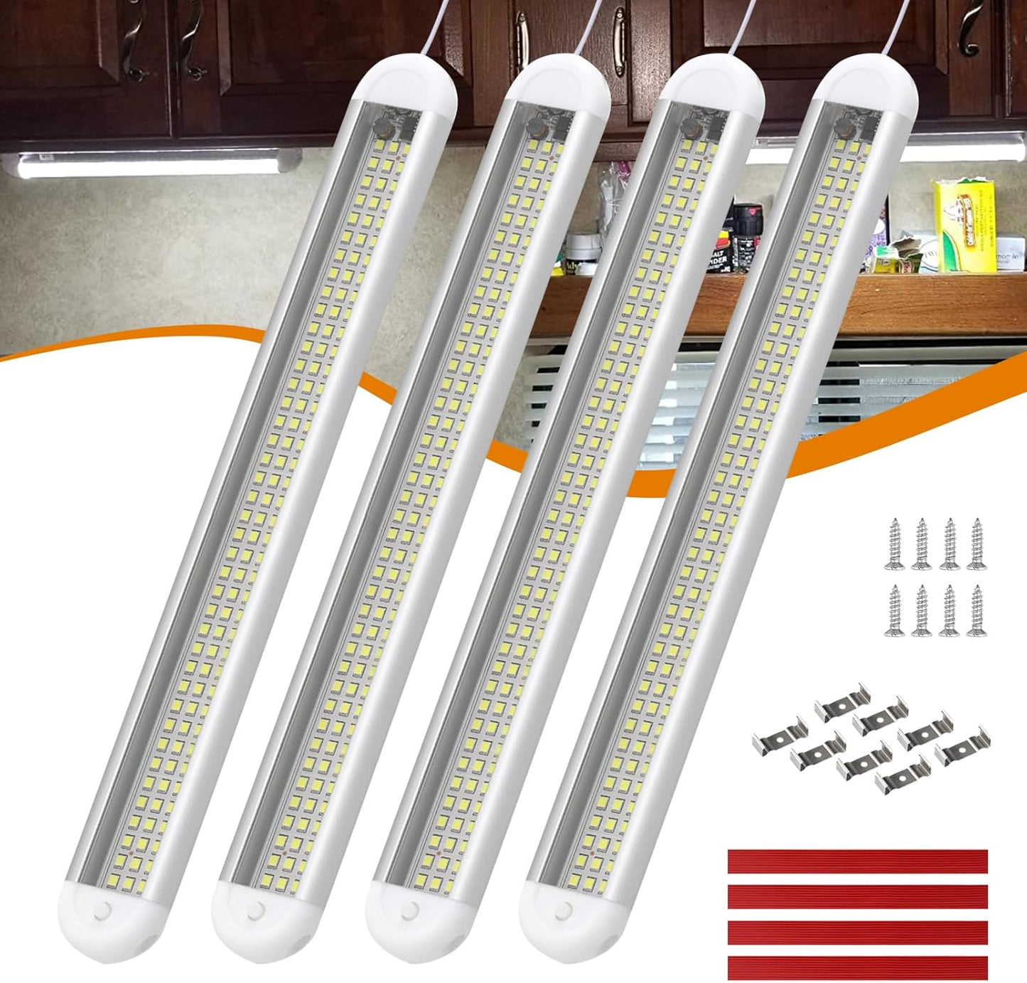 12V LED Interior Light Bar | 120LEDs 1800LM 8W DC 12 Volt led Strip Lights with ON/Off Switch RV Led Lights Interior for Camper Truck Van RV Trailer Cargo Lights Fixture Motorhome (4Pack)