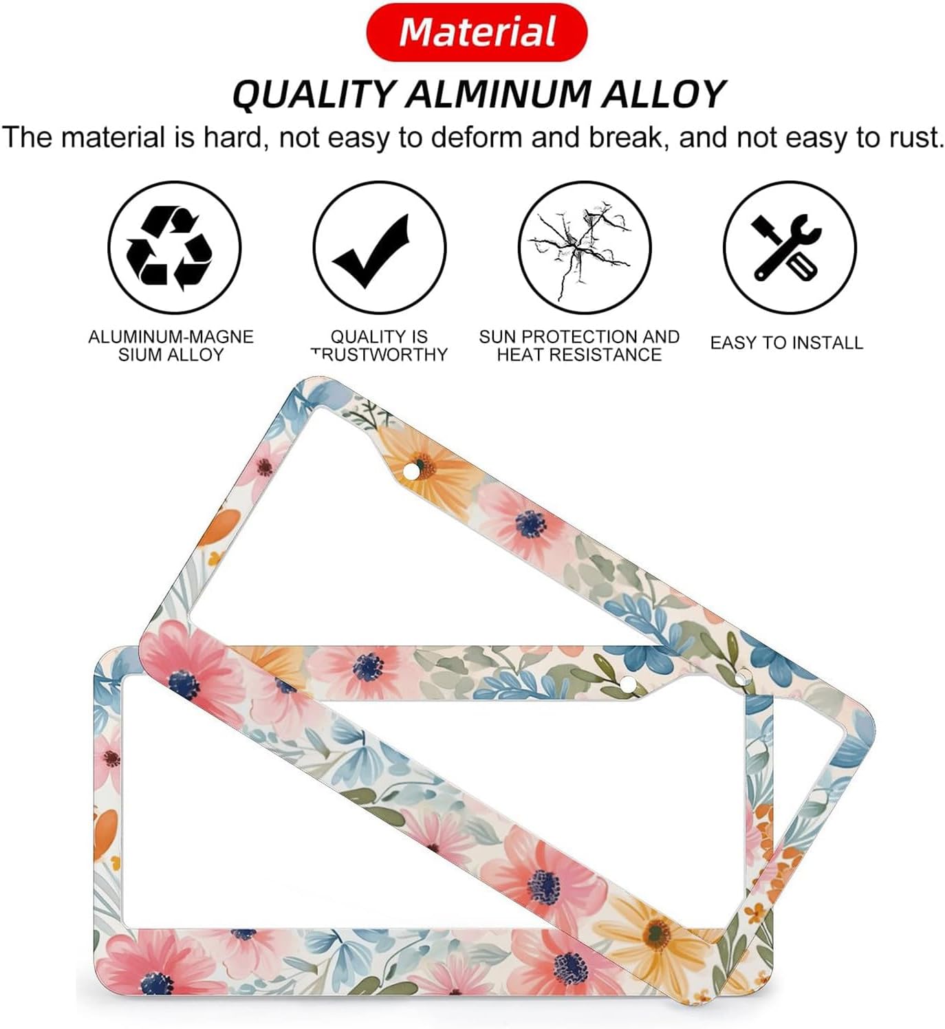 Flowers Floral License Plate Frames - 2 Pcs Set 2 Holes Metal Aluminum Auto Car Accessories Decoration License Plate Frame 12.2 x 6.3 inch for Women Men Gift