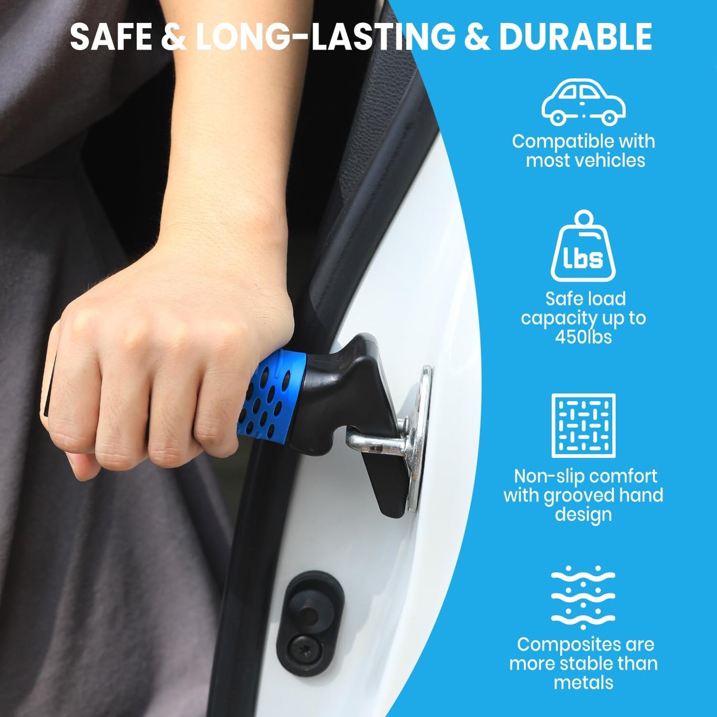 Car Door Handle for Elderly, Car Handle Assist Support, Portable Elderly Assistance Mobility Aids Auto Grab Cane with Strap for Seniors and Handicapped Getting Out of Car, Blue, 2 Pack