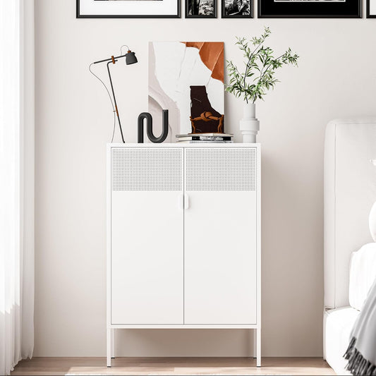 2 Mesh Door Metal Storage Cabinet with Adjustable Shelves, Multipurpose White Storage Cabinet, 3-Tier Office Cabinet,Metal Storage Cabinet for Office Home,Hallway (White, 47''H)