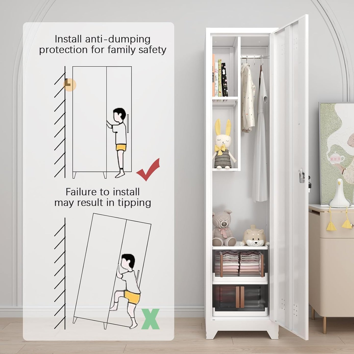 GREATMEET Slim Broom Closet Storage Cabinet, Narrow Utility Closet, 65" Metal Cleaning Supply Storage with Lock and Door,Utility Cabinets for Brooms and Mops for Laundry Room, White