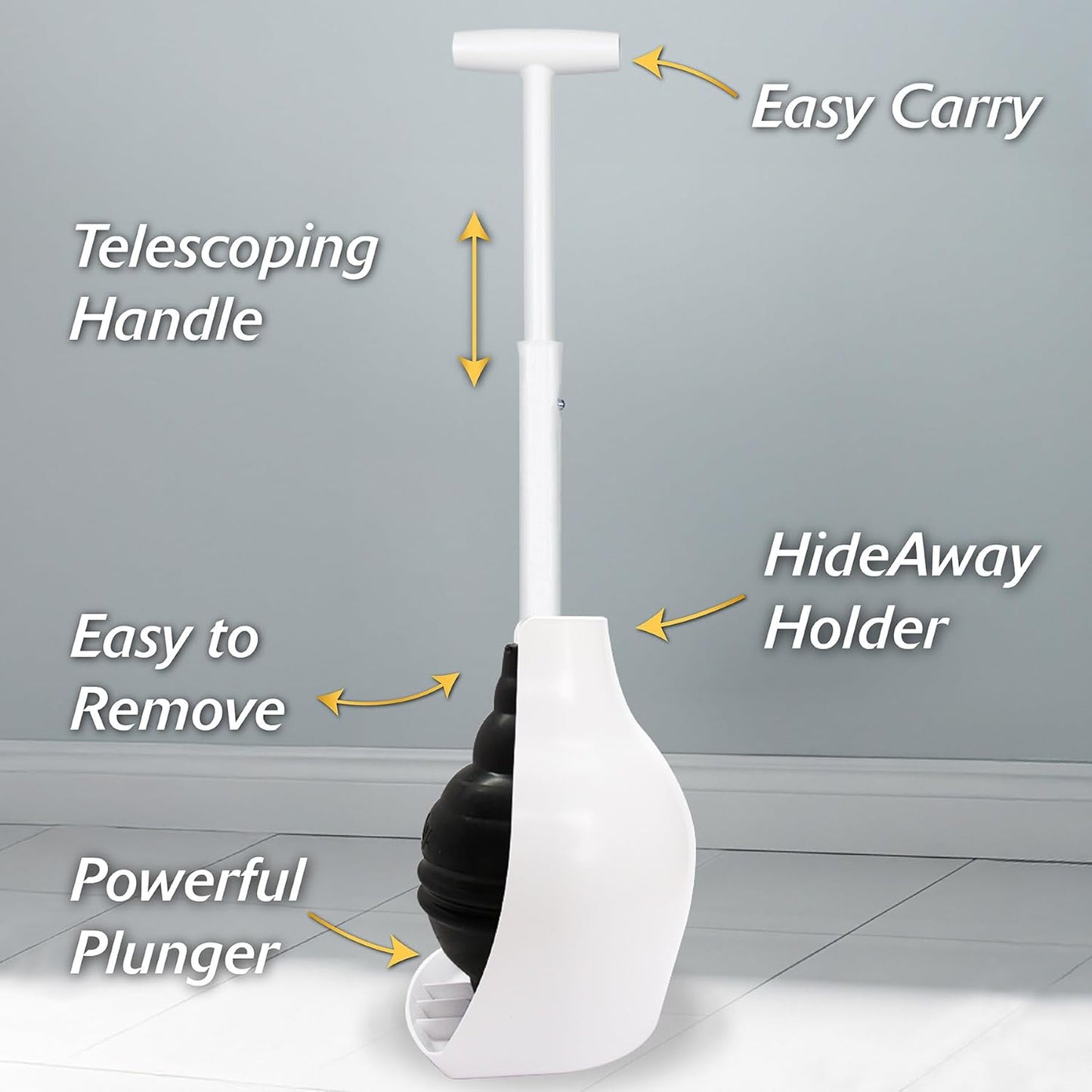 Korky BeehiveMAX Hideaway - Heavy Duty Toilet Plunger with Holder - Drip Free Carry - Seals All Bowl Shapes – Powerful Clog Removal, 97-5