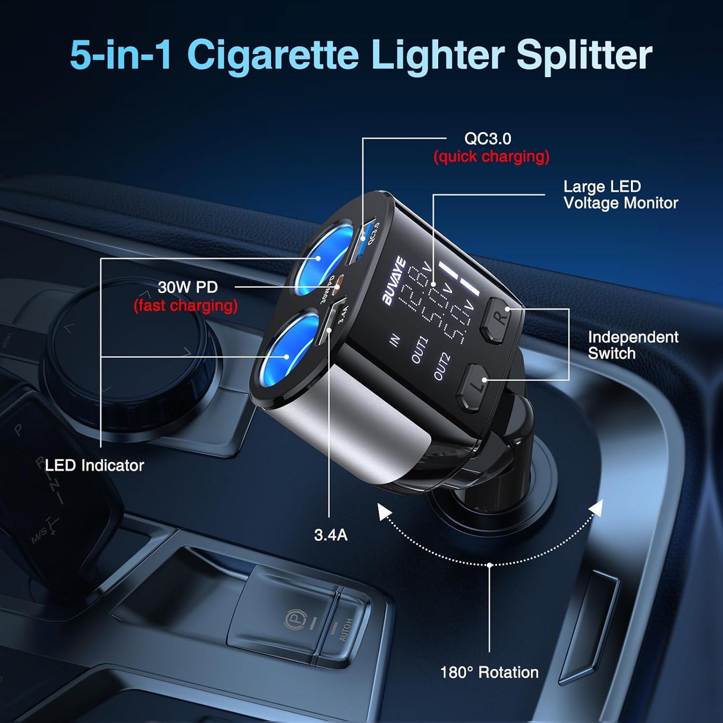 5 in 1 USB C Car Charger Adapter with 30W Type-C Cable, BUVAYE Fast Charge Cigarette Lighter Splitter 2-Socket, Dual Car Cigarette Lighter Adapter, 12V/24V Splitter for Car GPS Dash Cam Phone (CL48TC)