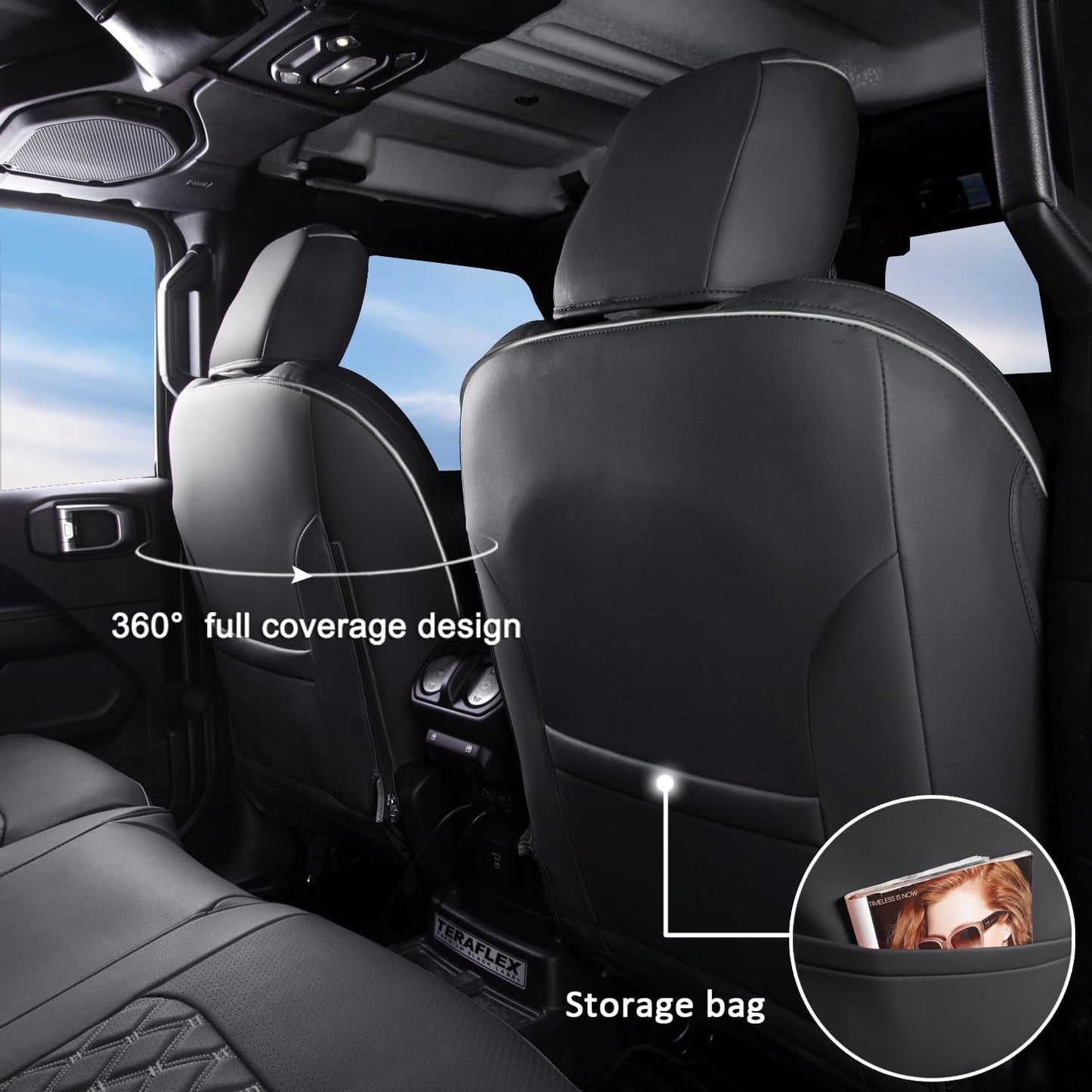 GIANT PANDA Customized Full Set Car Seat Covers for Jeep Wrangler 4 Door JL Sahara Sport Rubicon Willys 2018 2019 2020 2021 2022 2023 2024 2025 Without Rear Cup Holder,Faux Leather - (Black+Gray)