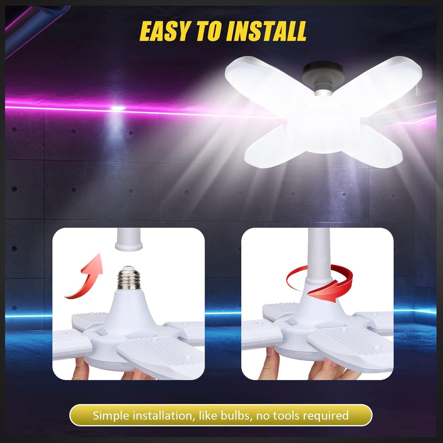 LED Garage Lights 2 Pack, 4 Foot Adjustable Ceiling Light, 6500k 8000LM Deformable E26/E27 Garage Lights for Shop, Basement, Workshop